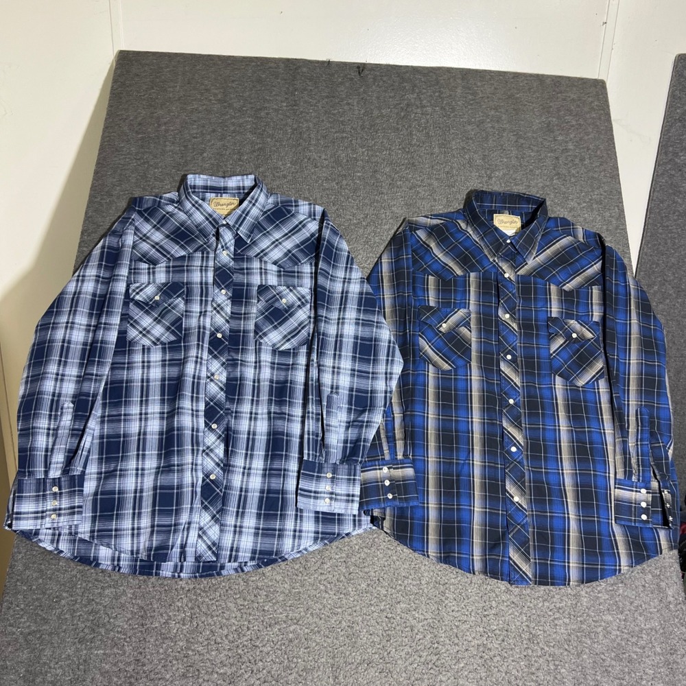 Lot of 2 Wrangler Western Pearl Snap Shirts Mens 2XL Plaid Long Sleeve Blue